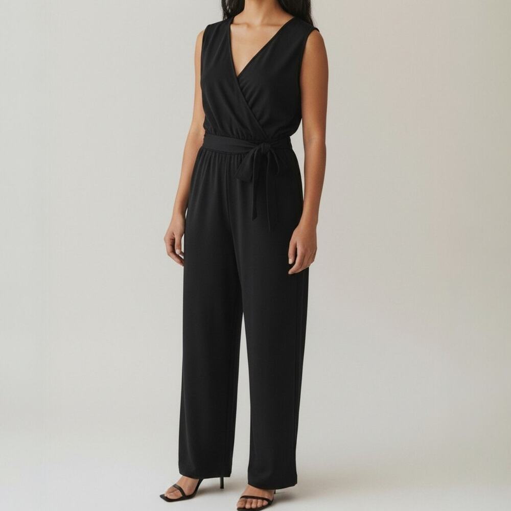 The Drop Caralyn Black Wrap Front Wide Leg Jumpsuit Women's Size L NWT